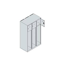 Feuerwehrspind C+P Evolo Youngster, 3 Abteile, mit Helmhalter, mit Sockel, B 900 x T 500 x H 1630 mm, RAL 7035 Lichtgrau/RAL 7016 Anthrazitgrau