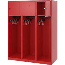Feuerwehrspind C+P Evolo Youngster, 3 Abteile, ohne Helmhalter, Bodengleiter, B 1200 x T 500 x H 1530 mm, RAL 3000 Feuerrot