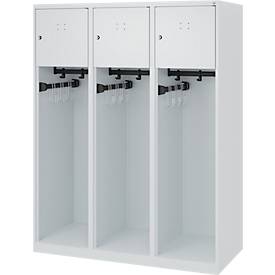 Feuerwehrspind C+P Evolo Youngster, 3 Abteile, ohne Helmhalter, Bodengleiter, B 1200 x T 500 x H 1530 mm, RAL 7035 Lichtgrau