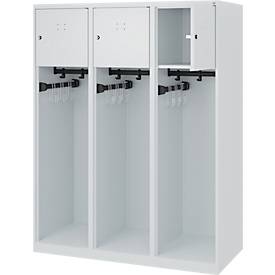 Feuerwehrspind C+P Evolo Youngster, 3 Abteile, ohne Helmhalter, Bodengleiter, B 1200 x T 500 x H 1530 mm, RAL 7035 Lichtgrau