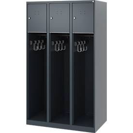 Feuerwehrspind C+P Evolo Youngster, 3 Abteile, ohne Helmhalter, Bodengleiter, B 900 x T 500 x H 1530 mm, RAL 7016 Anthrazitgrau