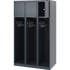 Feuerwehrspind C+P Evolo Youngster, 3 Abteile, ohne Helmhalter, Bodengleiter, B 900 x T 500 x H 1530 mm, RAL 7016 Anthrazitgrau