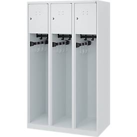 Feuerwehrspind C+P Evolo Youngster, 3 Abteile, ohne Helmhalter, Bodengleiter, B 900 x T 500 x H 1530 mm, RAL 7035 Lichtgrau