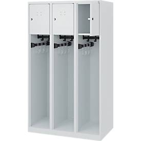 Feuerwehrspind C+P Evolo Youngster, 3 Abteile, ohne Helmhalter, Bodengleiter, B 900 x T 500 x H 1530 mm, RAL 7035 Lichtgrau