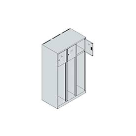 Feuerwehrspind C+P Evolo Youngster, 3 Abteile, ohne Helmhalter, Bodengleiter, B 900 x T 500 x H 1530 mm, RAL 7035 Lichtgrau