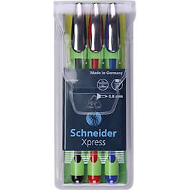 Fineliner Schneider Xpress, Strichstärke 0,8 mm, dokumentenecht, ergonomisch geformt, Kunststoff & Edelstahl, farbsortiertes 3er-Set in Etui