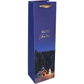 Flaschentasche Sigel Christmas Chapel, Weihnachts-Motiv, Bodeneinlage, Seidenbandgriffe, B 100 x T 80 x H 350 mm, Weißkarton/Kunststoff, blau, 1 Stück