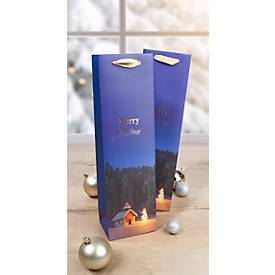 Flaschentasche Sigel Christmas Chapel, Weihnachts-Motiv, Bodeneinlage, Seidenbandgriffe, B 100 x T 80 x H 350 mm, Weißkarton/Kunststoff, blau, 1 Stück