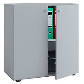 Flügeltürenschrank, aus Holz, 2 OH, Griffknöpfe, höhenverstellbarer Fachboden, B 700 x T 400 x H 740 mm, grau