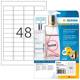 Folienetiketten HERMA 8016, permanenthaftend, selbstklebend, bedruckbar, No-Label-Effekt, B 45,7 x H 21,2 mm, Folie, transparent, 1200 Stück/25 Blatt