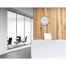 Funk Wanduhr Maul MAULfly, rund, für Innenräume ∅ 300 mm, Auto-Zeitumstellung, Kunststoff & Glas mit Batterie, weiß