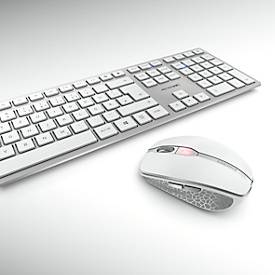 Funktastatur mit Maus Cherry DW 9100 SLIM, QWERTZ, USB/Bluetooth, wiederaufladbar, Maus mit 6 Tasten, bis 2400 dpi, bis 10 m, silber-weiß