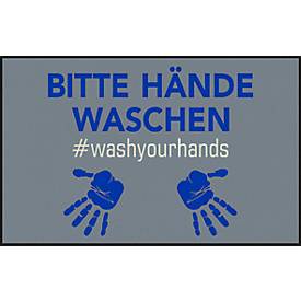 Image of Fußmatte Bitte Hände waschen, Polyamid, Rücken/Ränder aus Nitrilgummi, waschbar, L 750 x B 1200 mm, grau/blau