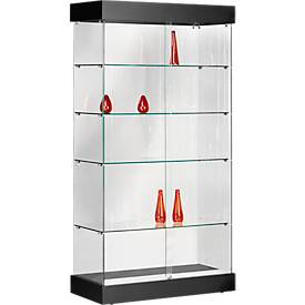 Ganzglas-Standvitrine ONYX, beleuchtet, 4 feste Böden, Schiebetüren verschließbar