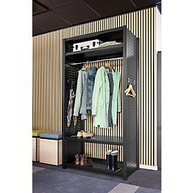 Garderoben-Steckregal ORDO Flex, multifunktional, 2 Fachböden, Wannenboden, Kleiderstange, Feldlast 1200 kg, B 1060 x T 535 x H 2000 mm, tiefschwarz RAL 9005