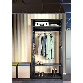 Garderoben-Steckregal ORDO Flex, multifunktional, 2 Fachböden, Wannenboden, Kleiderstange, Feldlast 1200 kg, B 1060 x T 535 x H 2000 mm, tiefschwarz RAL 9005