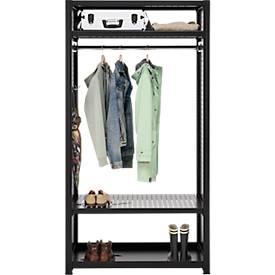 Garderoben-Steckregal ORDO Flex, multifunktional, 2 Fachböden, Wannenboden, Kleiderstange, Feldlast 1200 kg, B 1060 x T 535 x H 2000 mm, tiefschwarz RAL 9005