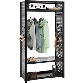Garderoben-Steckregal ORDO Flex, multifunktional, 2 Fachböden, Wannenboden, Kleiderstange, Feldlast 1200 kg, B 1060 x T 535 x H 2000 mm, tiefschwarz RAL 9005