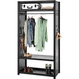 Garderoben-Steckregal ORDO Flex, multifunktional, 2 Fachböden, Wannenboden, Kleiderstange, Feldlast 1200 kg, B 1060 x T 535 x H 2000 mm, tiefschwarz RAL 9005