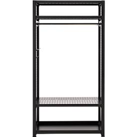 Garderoben-Steckregal ORDO Flex, multifunktional, 2 Fachböden, Wannenboden, Kleiderstange, Feldlast 1200 kg, B 1060 x T 535 x H 2000 mm, tiefschwarz RAL 9005