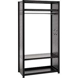 Garderoben-Steckregal ORDO Flex, multifunktional, 2 Fachböden, Wannenboden, Kleiderstange, Feldlast 1200 kg, B 1060 x T 535 x H 2000 mm, tiefschwarz RAL 9005