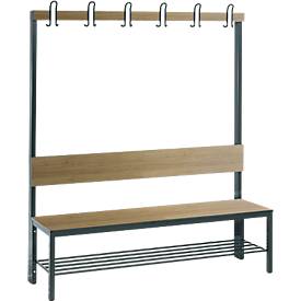 Garderobenbank Basic Plus, 1-seitig, Rückenlehne, mit Schuhrost, Fußgestell schwarzgrau RAL 7021, B 1500 mm, Dekor Eiche Ser.