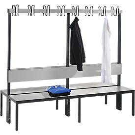 Garderobenbank Basic Plus, 2-seitig, Rückenlehne, Fußgestell schw.grau RAL 7021, mit/ohne Schuhrost, diverse Breiten & Dekore