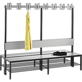 Garderobenbank Basic Plus, 2-seitig, Rückenlehne, mit Schuhrost, Fußgestell schwarzgrau RAL 7021, B 1960 mm, Dekor silbergrau