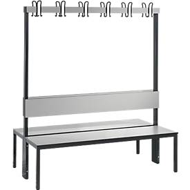 Garderobenbank Basic Plus, 2-seitig, Rückenlehne, ohne Schuhrost, Fußgestell schwarzgrau RAL 7021, B 1500 mm, Dekor silbergrau