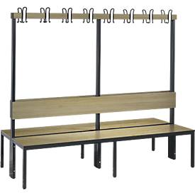 Garderobenbank Basic Plus, 2-seitig, Rückenlehne, ohne Schuhrost, Fußgestell schwarzgrau RAL 7021, B 1960 mm, Dekor Eiche Ser.