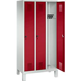 Garderobenspind Evolo S 3000, Stahl, 3 Abteile, Sicherheitsdrehriegelverlschluss, lichtgrau RAL 7035/rubinrot RAL 3003