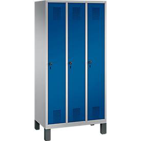 Garderobenspind Evolo S 3000, Stahl, 3 Abteile, Sicherheitsdrehriegelverschluss, weißaluminium RAL 9006/enzianblau RAL 5010