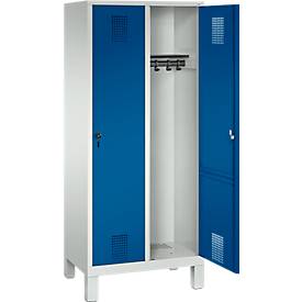 Garderobenspind Evolo S 3000, Stahl, m. Füßen, 2 Abteile m. jew. B 400 mm, Sicherheitsdrehriegelverschluss, lichtgrau RAL 7035/enzianblau RAL 5010