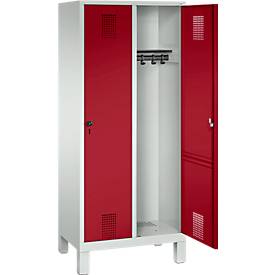 Garderobenspind Evolo S 3000, Stahl, m. Füßen, 2 Abteile m. jew. B 400 mm, Sicherheitsdrehriegelverschluss, lichtgrau RAL 7035/rubinrot RAL 3003
