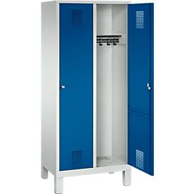 Garderobenspind Evolo S 3000, Stahl, m. Füßen, 2 Abteile m. jew. B 400 mm, Zylinderschloss, lichtgrau RAL 7035/enzianblau RAL 5010