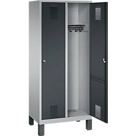 Garderobenspind Evolo S 3000, Stahl, m. Füßen, 2 Abteile m. jew. B 400 mm, Zylinderschloss, weißaluminium RAL 9006/anthrazit RAL 7016