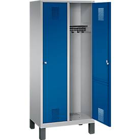 Garderobenspind Evolo S 3000, Stahl, m. Füßen, 2 Abteile m. jew. B 400 mm, Zylinderschloss, weißaluminium RAL 9006/enzianblau RAL 5010