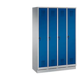 Garderobenspind Evolo S 3000, Stahl, m. Sockel, 4 Abteile m. jew. B 300 mm, Sicherheitsdrehriegelverschluss, weißaluminium RAL 9006/enzianblau RAL 5010