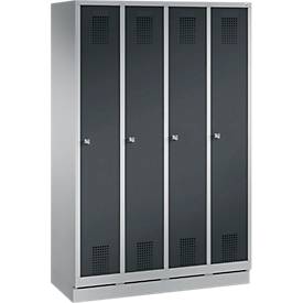 Garderobenspind Evolo S 3000, Stahl, m. Sockel, 4 Abteile m. jew. B 300 mm, Zylinderschloss, weißaluminium RAL 9006/anthrazit RAL 7016