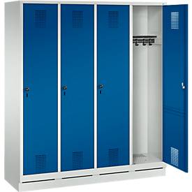 Garderobenspind Evolo S 3000, Stahl, m. Sockel, 4 Abteile m. jew. B 400 mm, Sicherheitsdrehriegelverschluss, lichtgrau RAL 7035/enzianblau RAL 5010