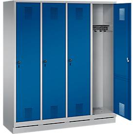 Garderobenspind Evolo S 3000, Stahl, m. Sockel, 4 Abteile m. jew. B 400 mm, Sicherheitsdrehriegelverschluss, weißaluminium RAL 9006/enzianblau RAL 5010