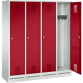 Garderobenspind Evolo S 3000, Stahl, m. Sockel, 4 Abteile m. jew. B 400 mm, Zylinderschloss, lichtgrau RAL 7035/rubinrot RAL 3003