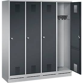 Garderobenspind Evolo S 3000, Stahl, m. Sockel, 4 Abteile m. jew. B 400 mm, Zylinderschloss, weißaluminium RAL 9006/anthrazit RAL 7016