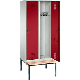 Garderobenspind Evolo S 3000, Stahl, m. untergeb. Sitzbank, 2 Abteile m. jew. B 400 mm, Sicherheitsdrehriegelverschluss, lichtgrau RAL 7035/rubinrot RAL 3003