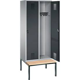 Garderobenspind Evolo S 3000, Stahl, m. untergeb. Sitzbank, 2 Abteile m. jew. B 400 mm, Sicherheitsdrehriegelverschluss, weißaluminium RAL 9006/anthrazit RAL 7016