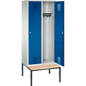Garderobenspind Evolo S 3000, Stahl, m. untergeb. Sitzbank, 2 Abteile m. jew. B 400 mm, Zylinderschloss, lichtgrau RAL 7035/enzianblau RAL 5010