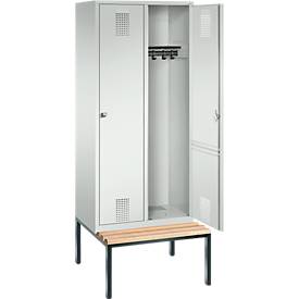 Garderobenspind Evolo S 3000, Stahl, m. untergeb. Sitzbank, 2 Abteile m. jew. B 400 mm, Zylinderschloss, lichtgrau RAL 7035/lichtgrau RAL 7035