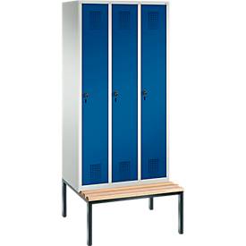 Garderobenspind Evolo S 3000, Stahl, m. untergeb. Sitzbank, 3 Abteile m. jew. B 300 mm, Sicherheitsdrehriegelverschluss, lichtgrau RAL 7035/enzianblau RAL 5010