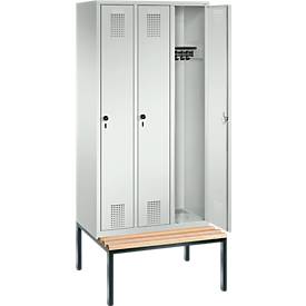 Garderobenspind Evolo S 3000, Stahl, m. untergeb. Sitzbank, 3 Abteile m. jew. B 300 mm, Sicherheitsdrehriegelverschluss, lichtgrau RAL 7035/lichtgrau RAL 7035