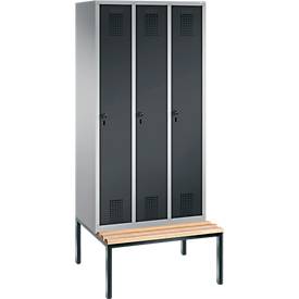 Garderobenspind Evolo S 3000, Stahl, m. untergeb. Sitzbank, 3 Abteile m. jew. B 300 mm, Sicherheitsdrehriegelverschluss, weißaluminium RAL 9006/anthrazit RAL 7016